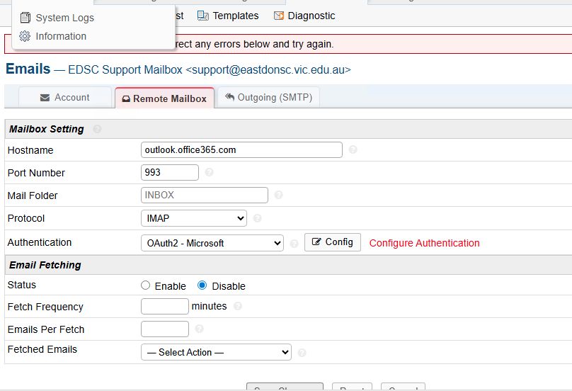 osTicket 1.18.2 Oauth Mailbox after server upgrade wont reconfigure ...